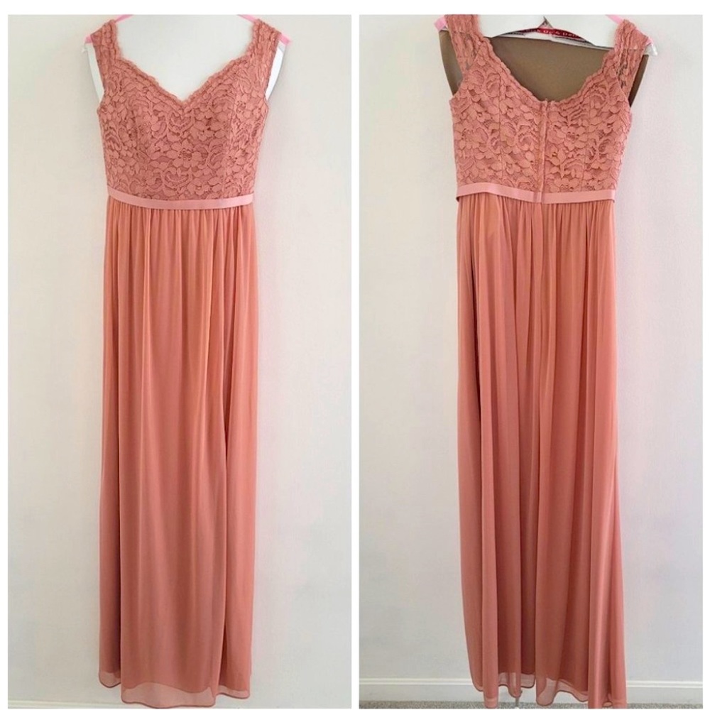 David's Bridal Desert Coral Pink Lace Bodice Formal Bridesmaid Dress Size 6